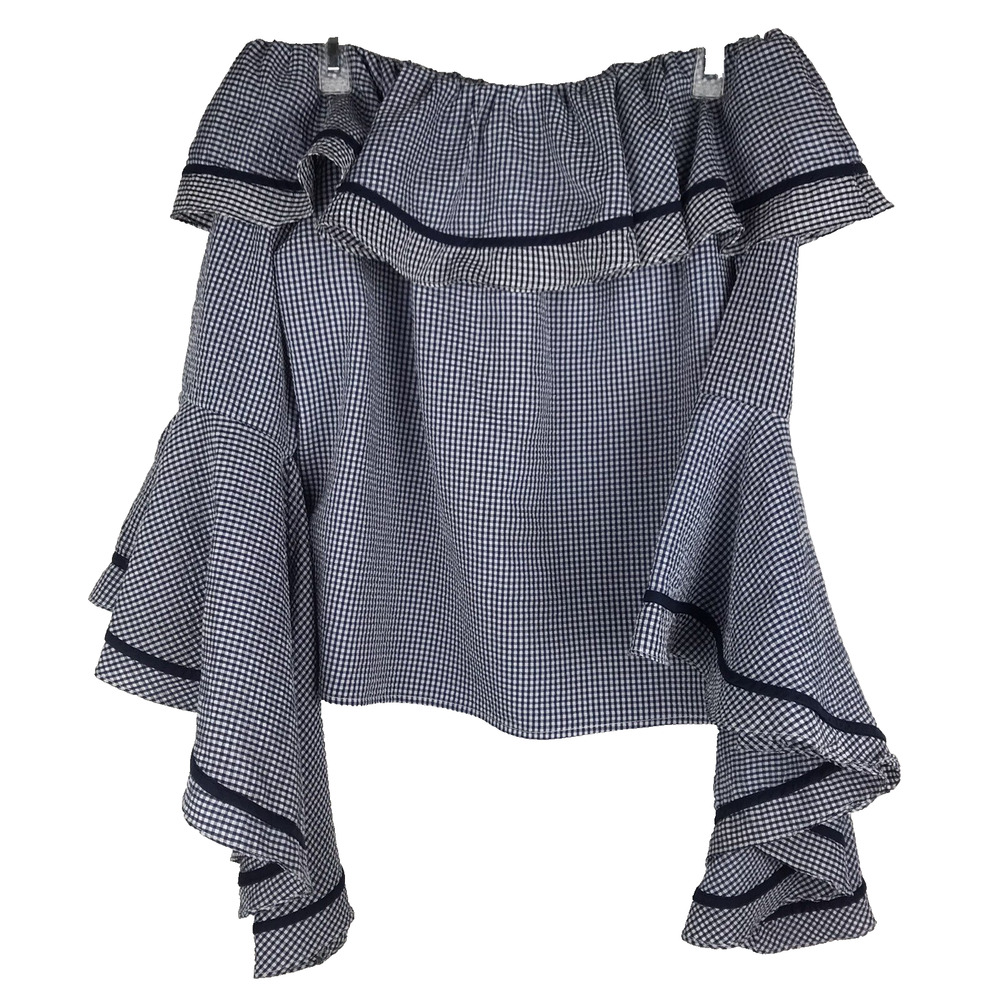 Liquid By Sioni Gingham Top Off The Shoulder Ruffle 3/4 Bell Sleeve Blue Size XL